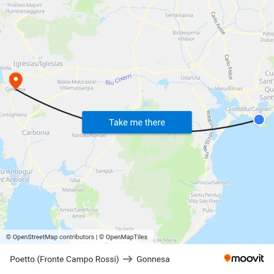 Poetto (Opposite Rossi Field) to Gonnesa map