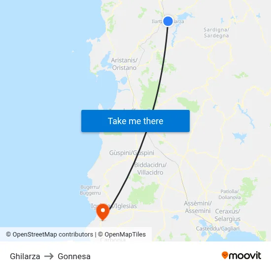 Ghilarza to Gonnesa map