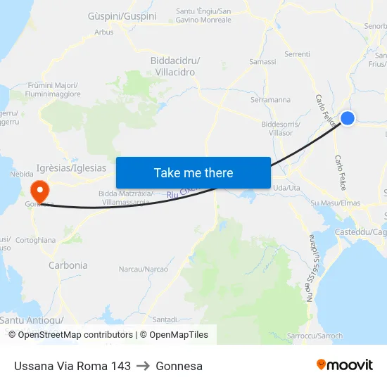 Ussana Roma Street 143 to Gonnesa map