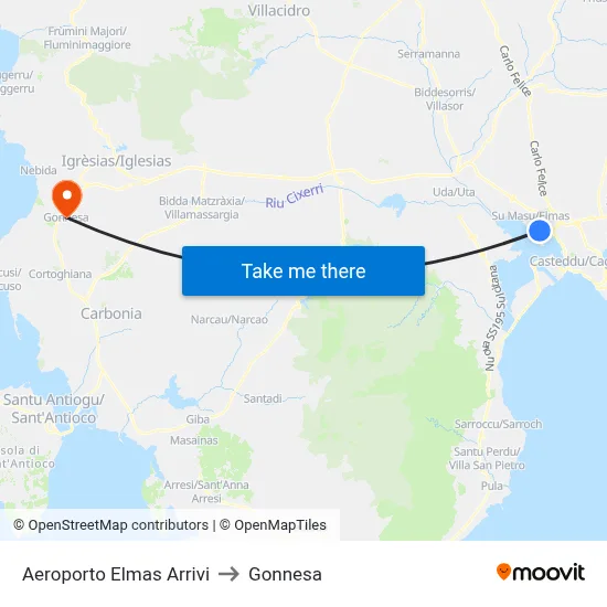 Elmas Airport Arrivals to Gonnesa map