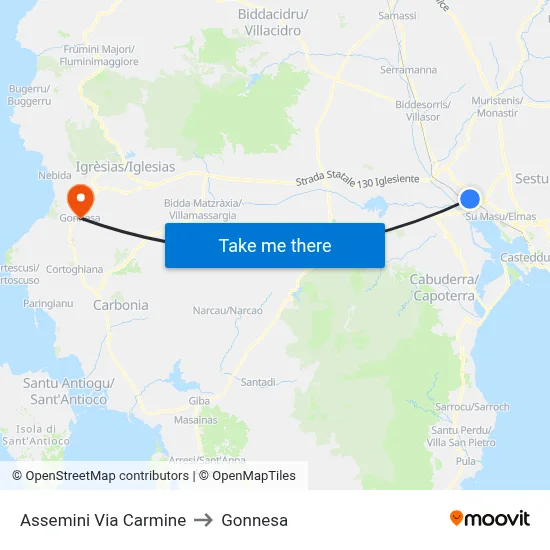 Assemini Via Carmine to Gonnesa map