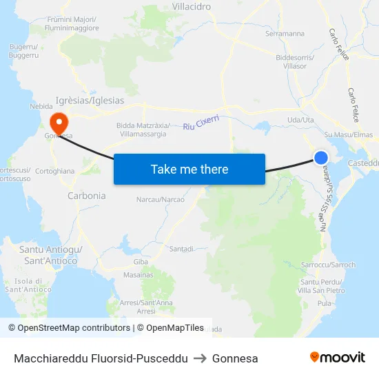 Macchiareddu Fluorsid-Pusceddu to Gonnesa map