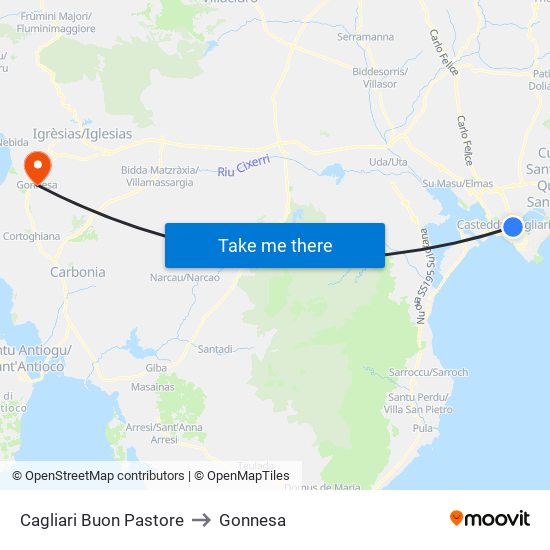 Cagliari Buon Pastore to Gonnesa map