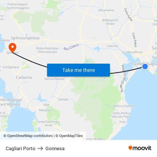 Cagliari Porto to Gonnesa map