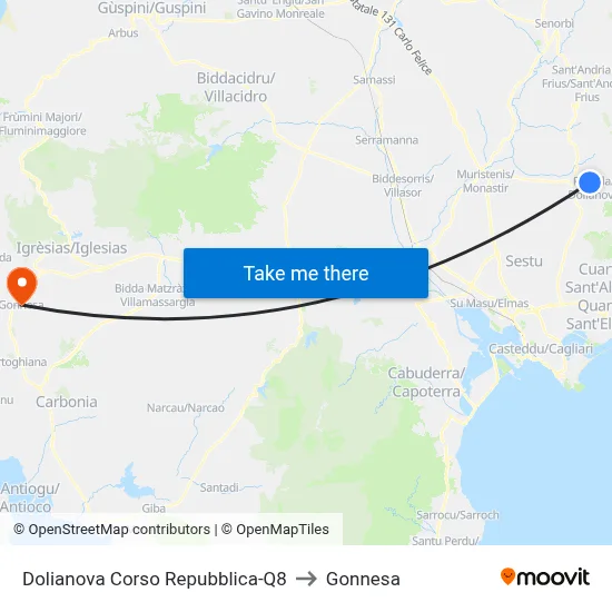 Dolianova Corso Repubblica-Q8 to Gonnesa map