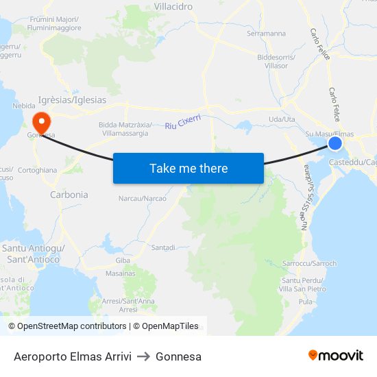 Aeroporto Elmas Arrivi to Gonnesa map