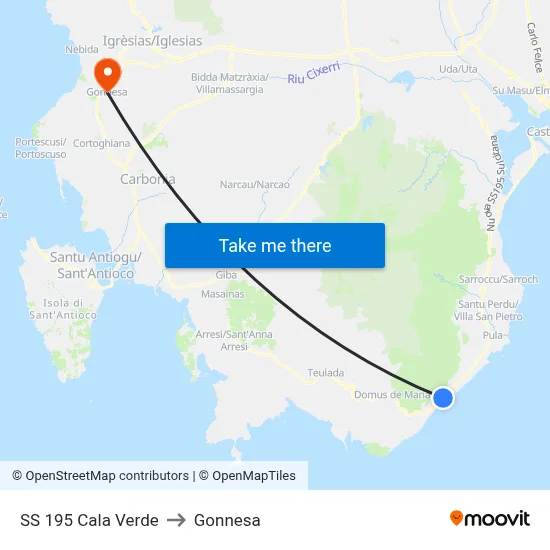 Highway 195 Cala Verde to Gonnesa map