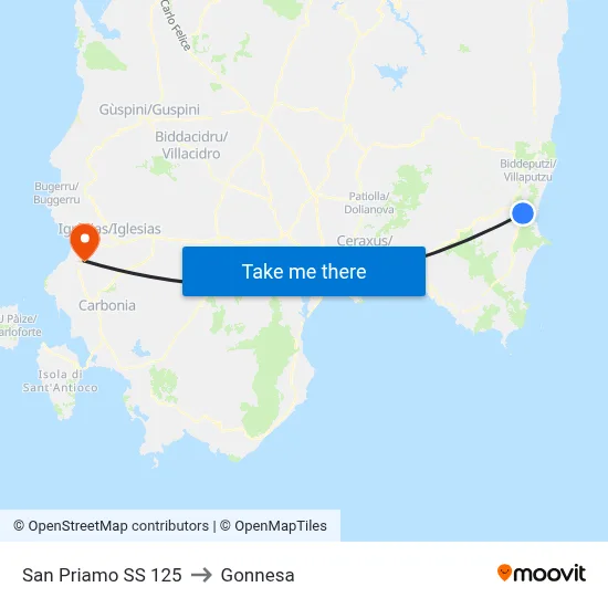 San Priamo SS 125 to Gonnesa map