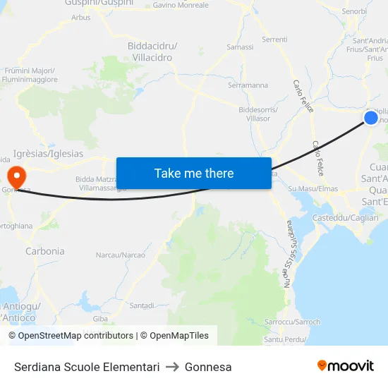 Serdiana Elementary Schools to Gonnesa map