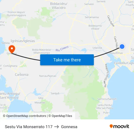 Sestu Via Monserrato 117 to Gonnesa map