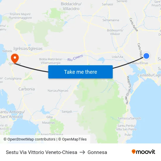 Sestu Via Vittorio Veneto-Church to Gonnesa map