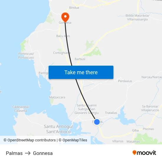 Palmas to Gonnesa map