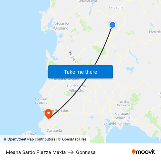 Meana Sardo Maxia Square to Gonnesa map