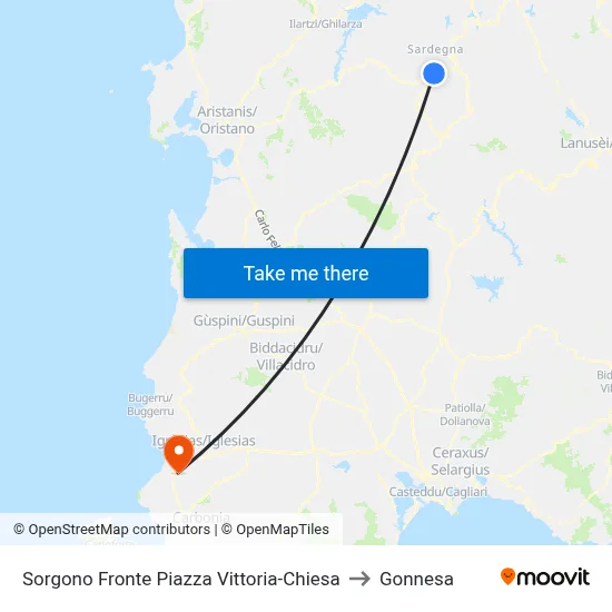 Sorgono Opposite Victory Square-Church to Gonnesa map