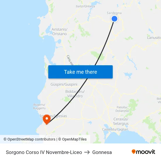 Sorgono Corso IV November-High School to Gonnesa map