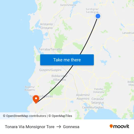 Tonara Via Monsignor Tore to Gonnesa map