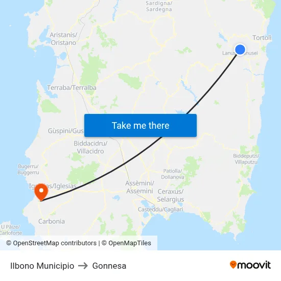Ilbono Town Hall to Gonnesa map