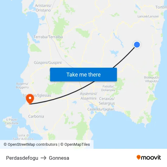 Perdasdefogu to Gonnesa map