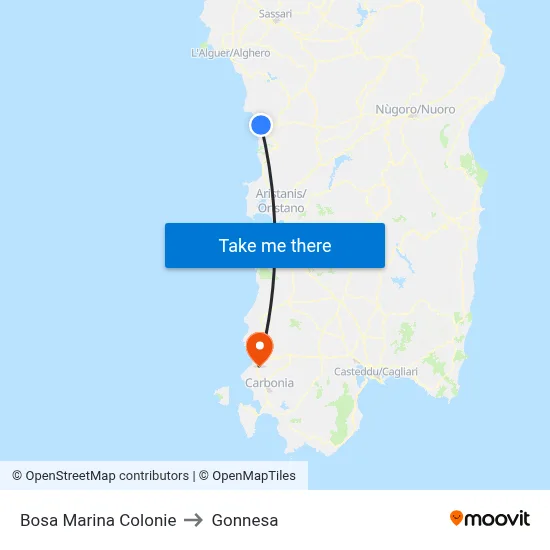 Bosa Marina Colonies to Gonnesa map
