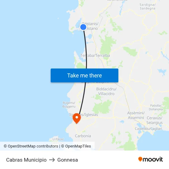 Cabras Town Hall to Gonnesa map