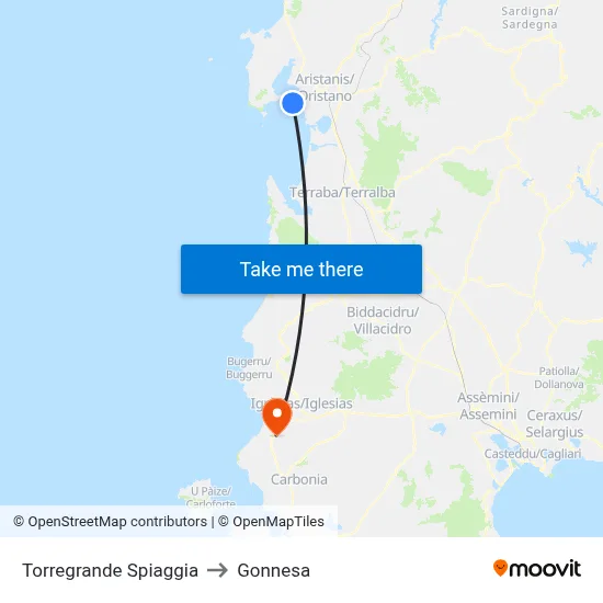 Torregrande Beach to Gonnesa map