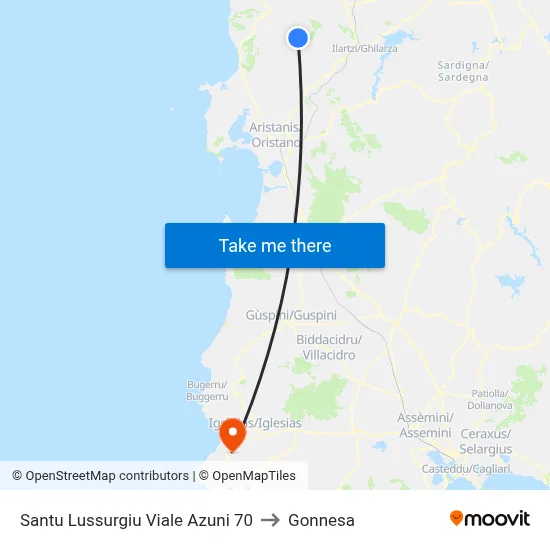 Santu Lussurgiu Azuni Avenue 70 to Gonnesa map
