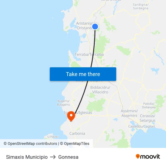 Simaxis Town Hall to Gonnesa map