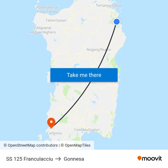 Highway 125 Franculacciu to Gonnesa map