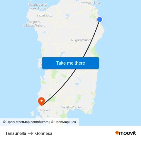 Tanaunella to Gonnesa map