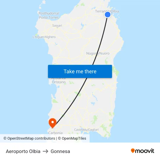 Olbia Airport to Gonnesa map