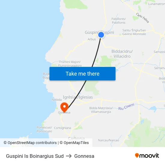 Guspini Is Boinargius South to Gonnesa map