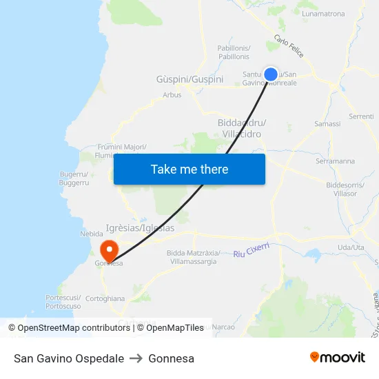 San Gavino Hospital to Gonnesa map