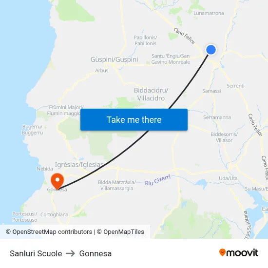 Sanluri Schools to Gonnesa map