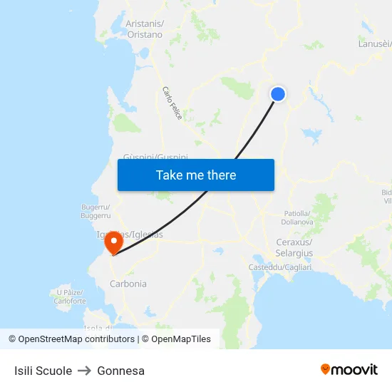 Isili Schools to Gonnesa map