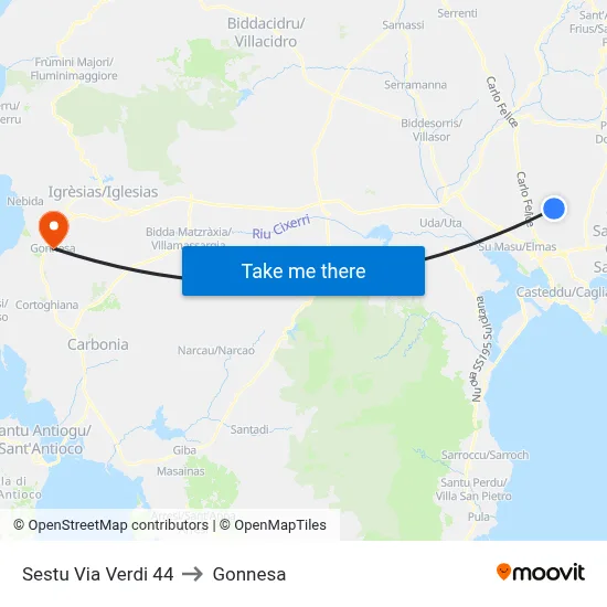 Sestu Via Verdi 44 to Gonnesa map