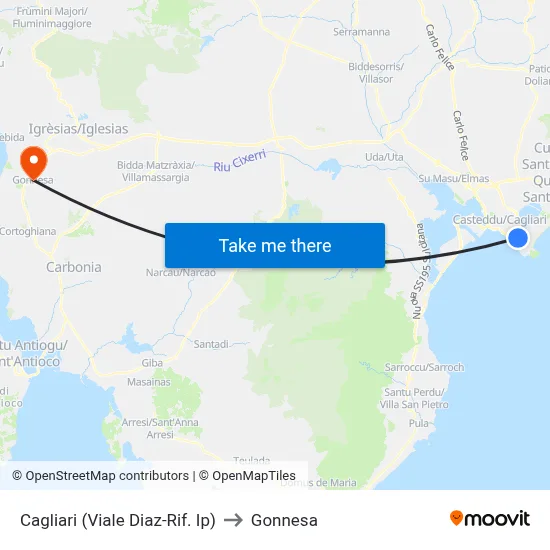 Cagliari (Diaz Avenue-IP Station) to Gonnesa map