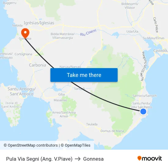 Pula Segni Street (Corner of Piave) to Gonnesa map
