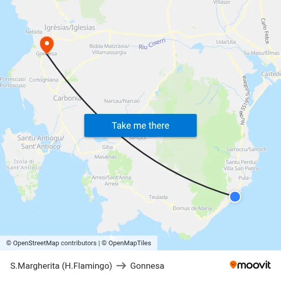 Santa Margherita (Flamingo Hotel) to Gonnesa map
