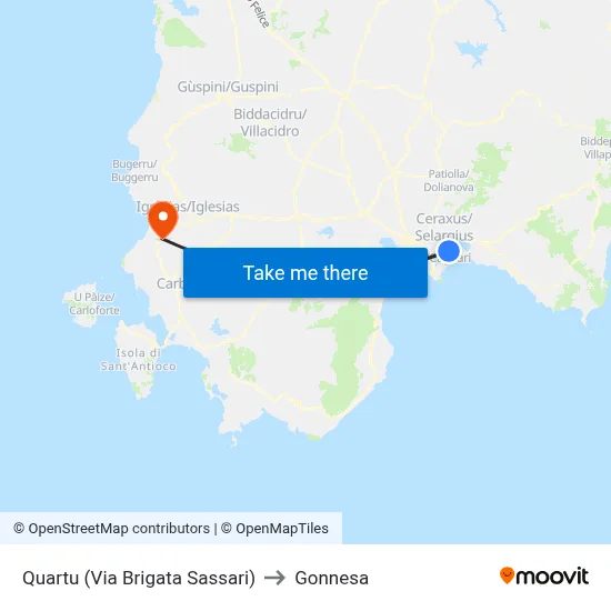 Quartu (Brigata Sassari Street) to Gonnesa map