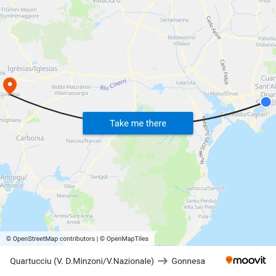 Quartucciu (D.Minzoni St/National St) to Gonnesa map