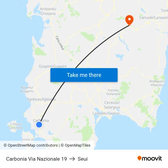 Carbonia 19 National Street to Seui map