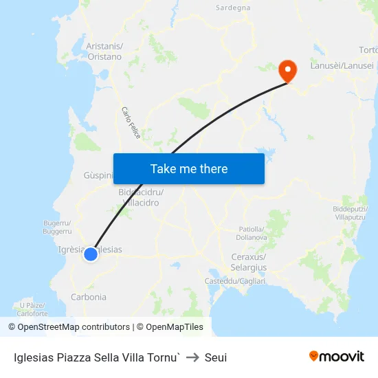 Iglesias Piazza Sella Villa Tornu to Seui map