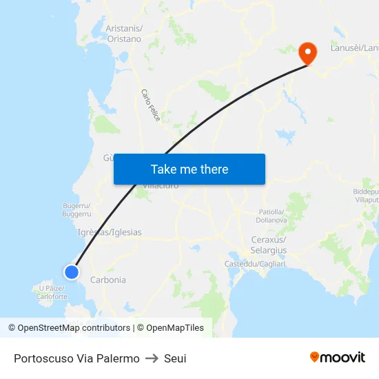 Portoscuso Palermo Street to Seui map