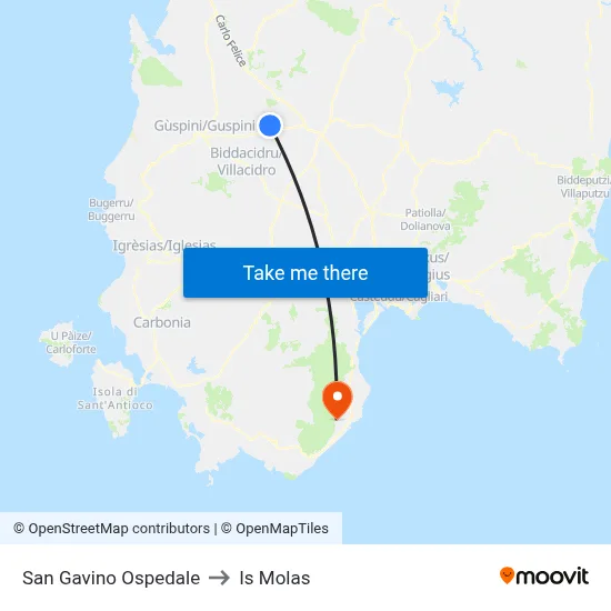 San Gavino Hospital to Is Molas map