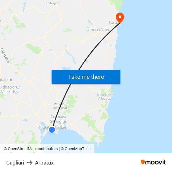 Cagliari to Arbatax map