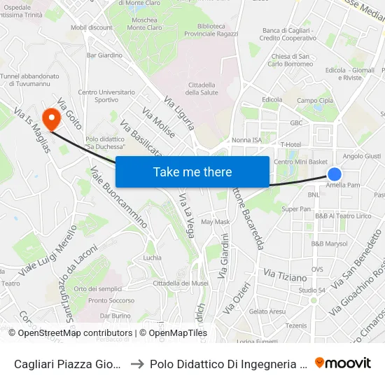 Cagliari Piazza Giovanni XXIII to Polo Didattico Di Ingegneria E Architettura map