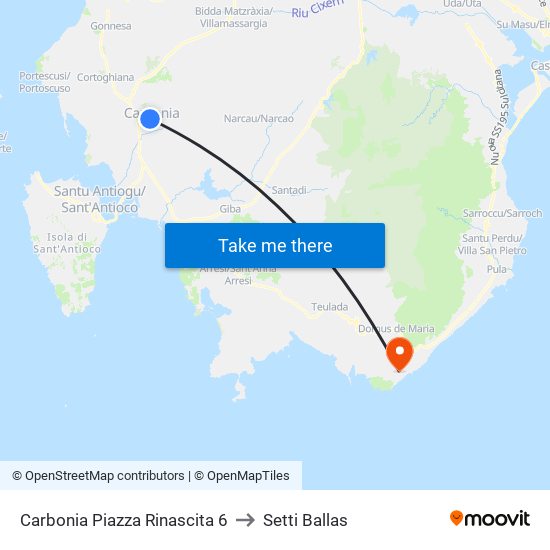 Carbonia Piazza Rinascita 6 to Setti Ballas map