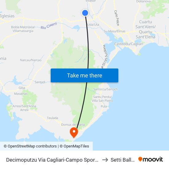 Decimoputzu Via Cagliari-Campo Sportivo to Setti Ballas map