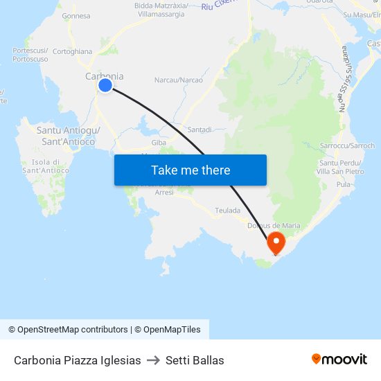 Carbonia Piazza Iglesias to Setti Ballas map