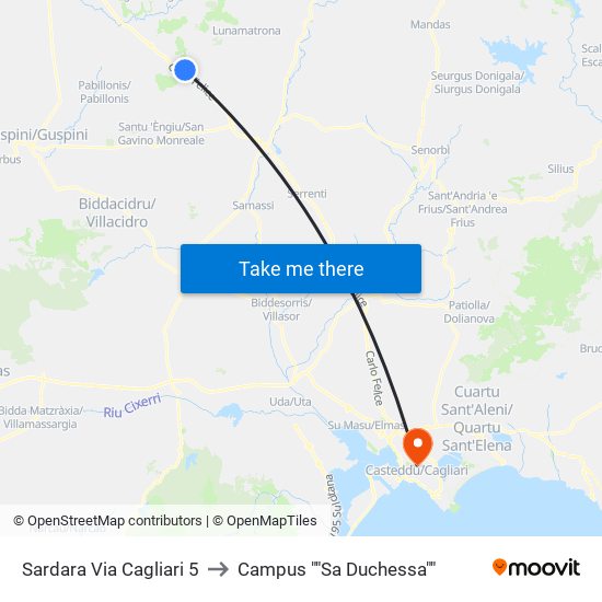 Sardara Via Cagliari 5 to Campus ""Sa Duchessa"" map